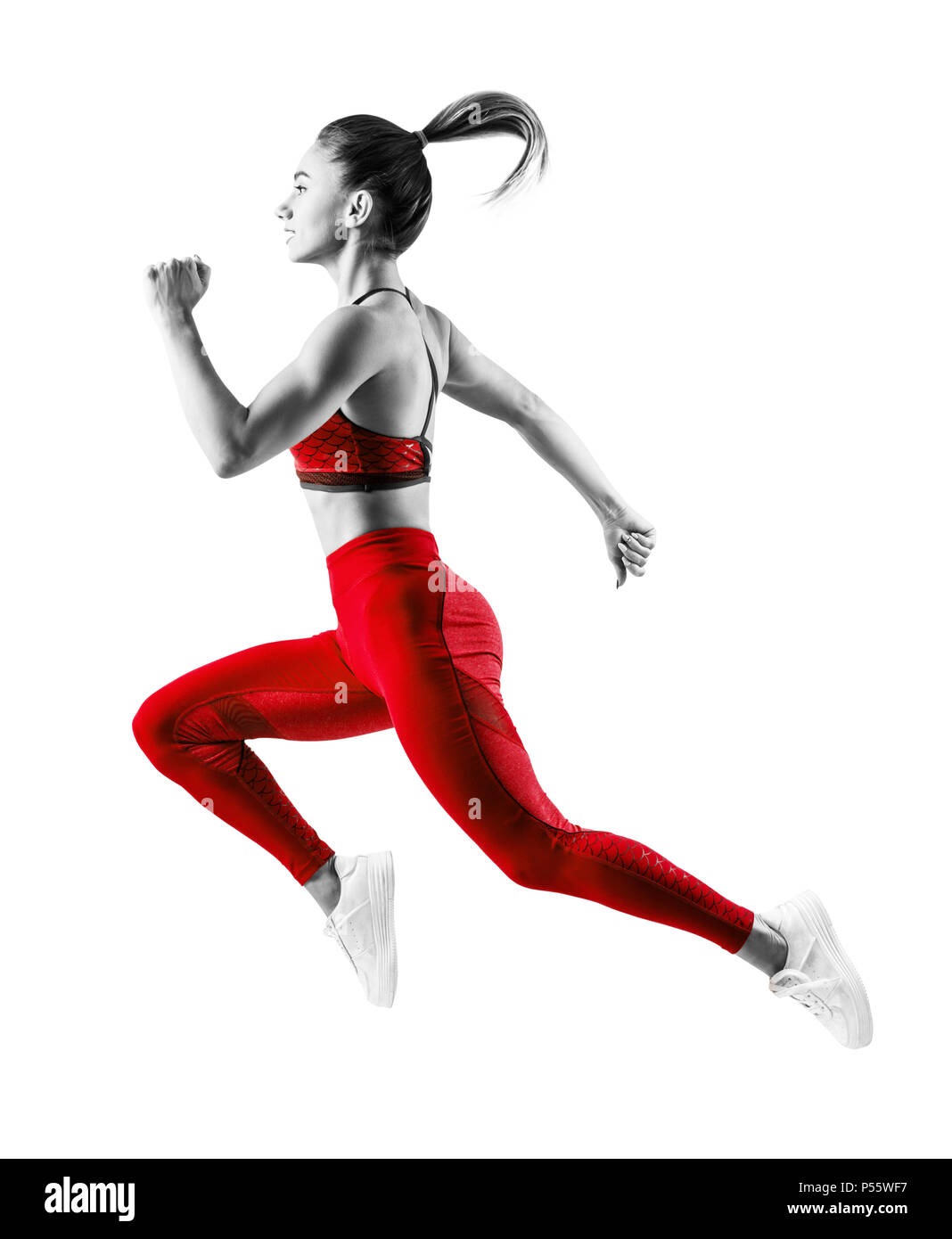 Eine kaukasische Frau runner Jogger laufen im Studio auf weißem Hintergrund Stockfoto