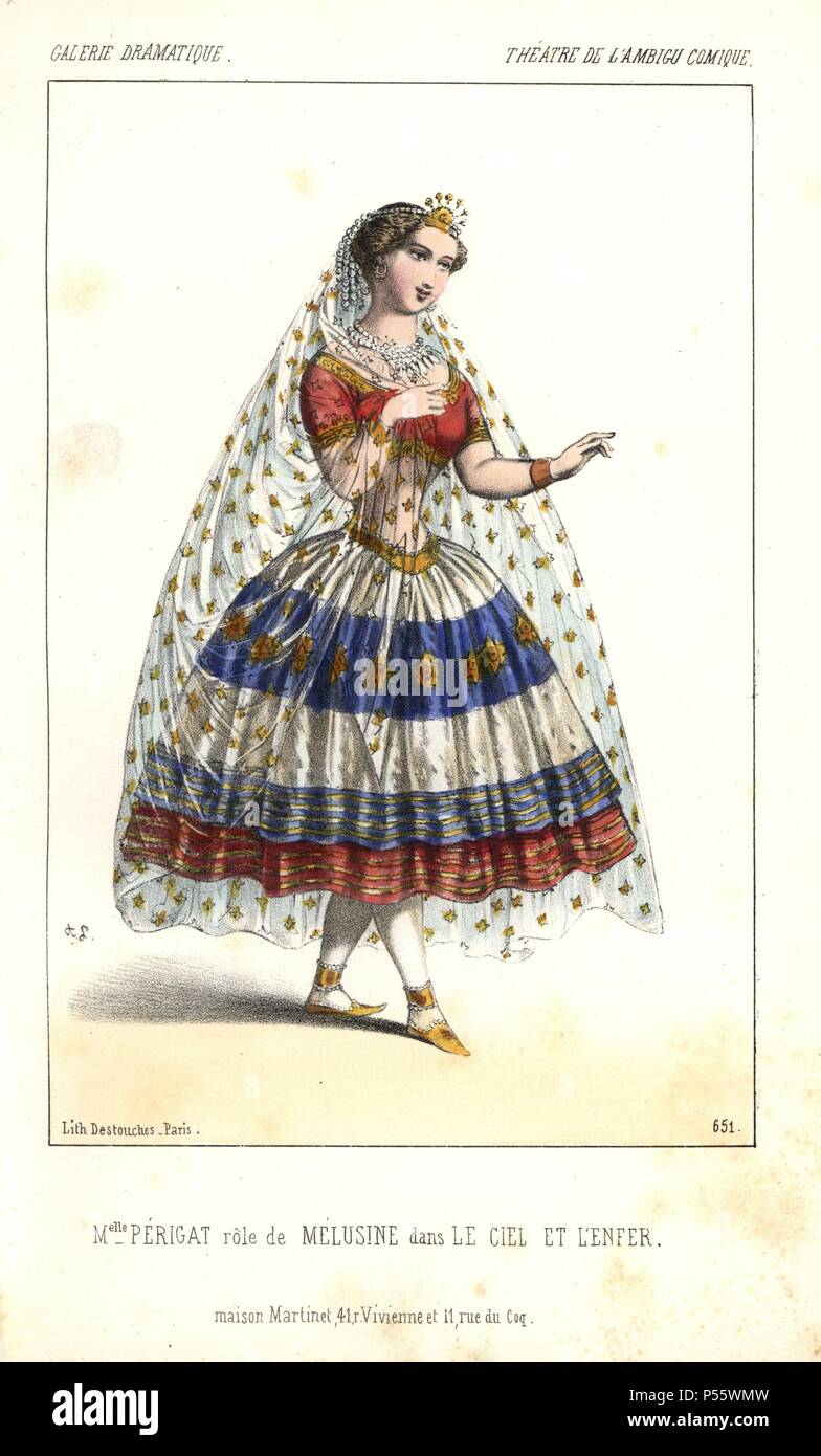 Mlle. Louise Perigat (Periga) als Melusine in "Le Ciel et l'Enfer' am Ambigu Comique. Mlle Periga war eine komische Schauspielerin trainierte später von Victor Hugo. Papierkörbe Lithographie von Alexandre Lacauchie von 'Galerie Dramatique: Kostüme des Theater de Paris 1853. Stockfoto