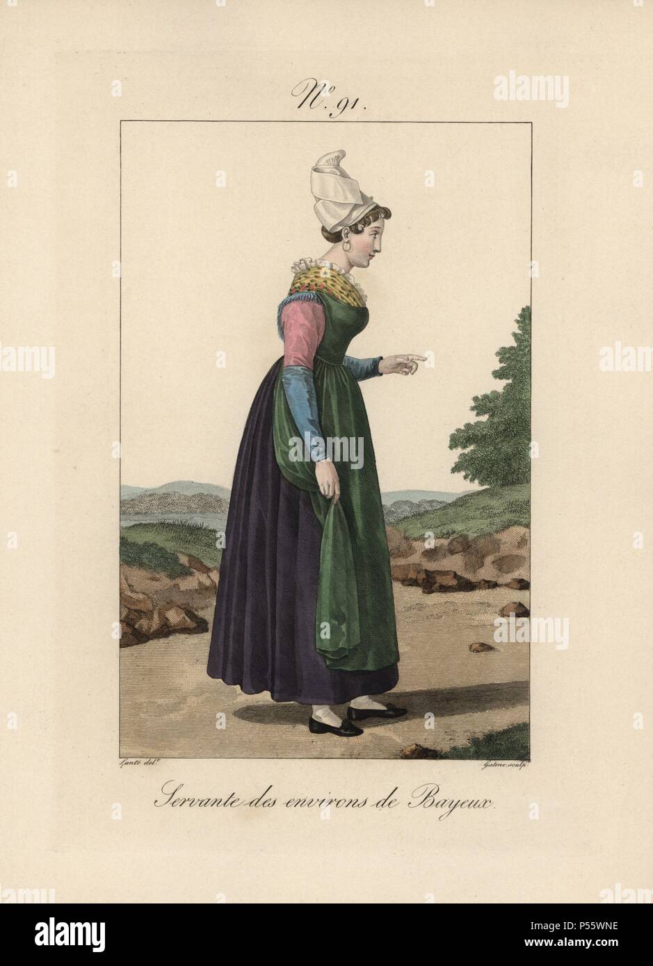 Von der Bayeux Bereich Diener. Der Träger haben schöne Funktionen recht Mit dieser Kopfbedeckung zu suchen. Handcolorierte mode Platte Illustration von LANTE von Gatine von louis-marie's Lante' Kostüme des Gravierten femmes du Pays de Caux", 1827/1885. Mit ihren hohen Elsässischen spitze Hüte, die Frauen von Caux und der Normandie waren berühmt für die Eleganz und Stil. Stockfoto