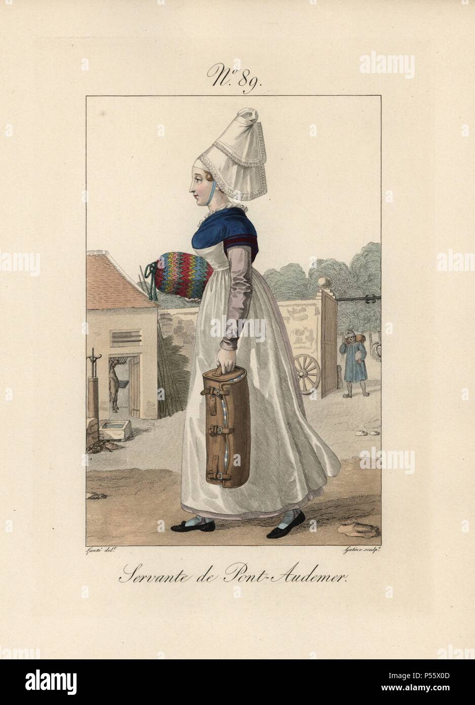 Knecht von Verneuil-sur-Avre. Die Motorhaube ist ähnlich der von Pont l'Eveque, aber der Rücken ist gefaltet, vielleicht eine persönliche Note des Trägers. Der Künstler hat das Zimmermädchen an seinem Inn gezeichnet, ein intelligentes Mädchen mit eine gute Figur. Die Stadt sollte der Name Pont-Eau geschrieben-de-Mer. Handcolorierte mode Platte Illustration von LANTE von Gatine von louis-marie's Lante' Kostüme des Gravierten femmes du Pays de Caux", 1827/1885. Mit ihren hohen Elsässischen spitze Hüte, die Frauen von Caux und der Normandie waren berühmt für die Eleganz und Stil. Stockfoto