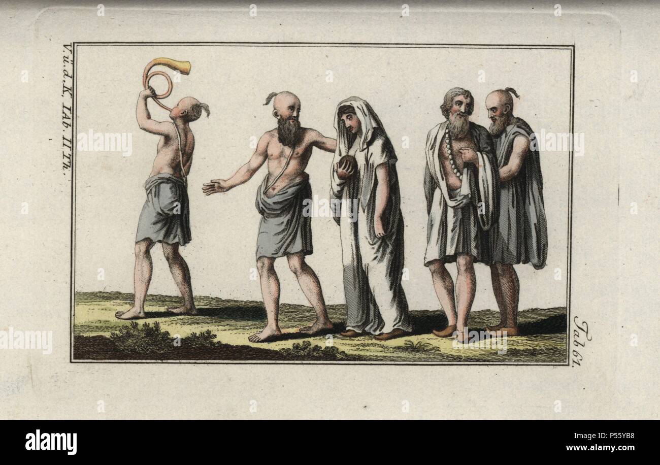Indische Männer begleiten eine Witwe zu einem Scheiterhaufen (sati). Papierkörbe Kupferstich von Robert von Spalart's 'historisches Bild der Kostüme der wichtigsten Menschen der Antike und des Mittelalters" (1797). Stockfoto