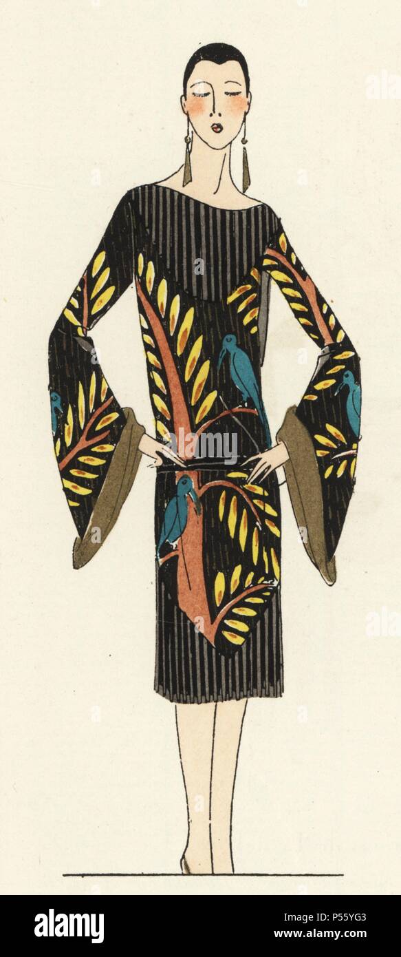 Frau im Abendkleid mit schwarzen marokkanischen Crepe mit Gold lame Dekoration. Lithographie mit Pochoir (Schablone) handcolor vom Luxus französische Mode Magazin "Kunst, Gicht, Beaute', 1926. Stockfoto