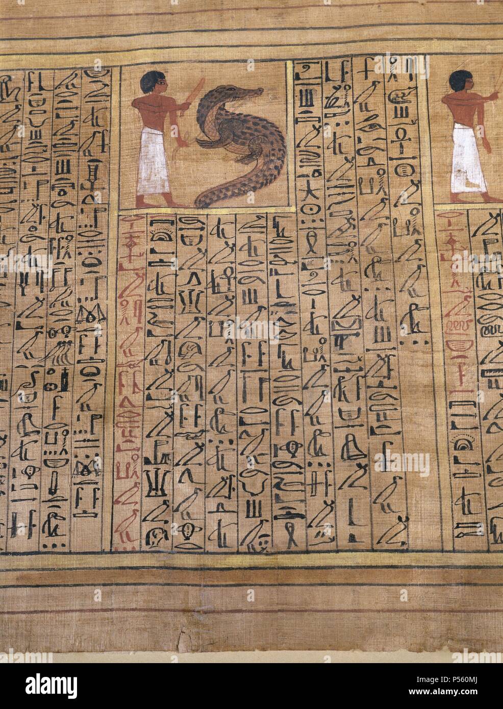 Ägyptische Kunst. Fragment eines Papyrus mit Hieroglyphen. Ägyptische Museum von Turin. Italien. Stockfoto