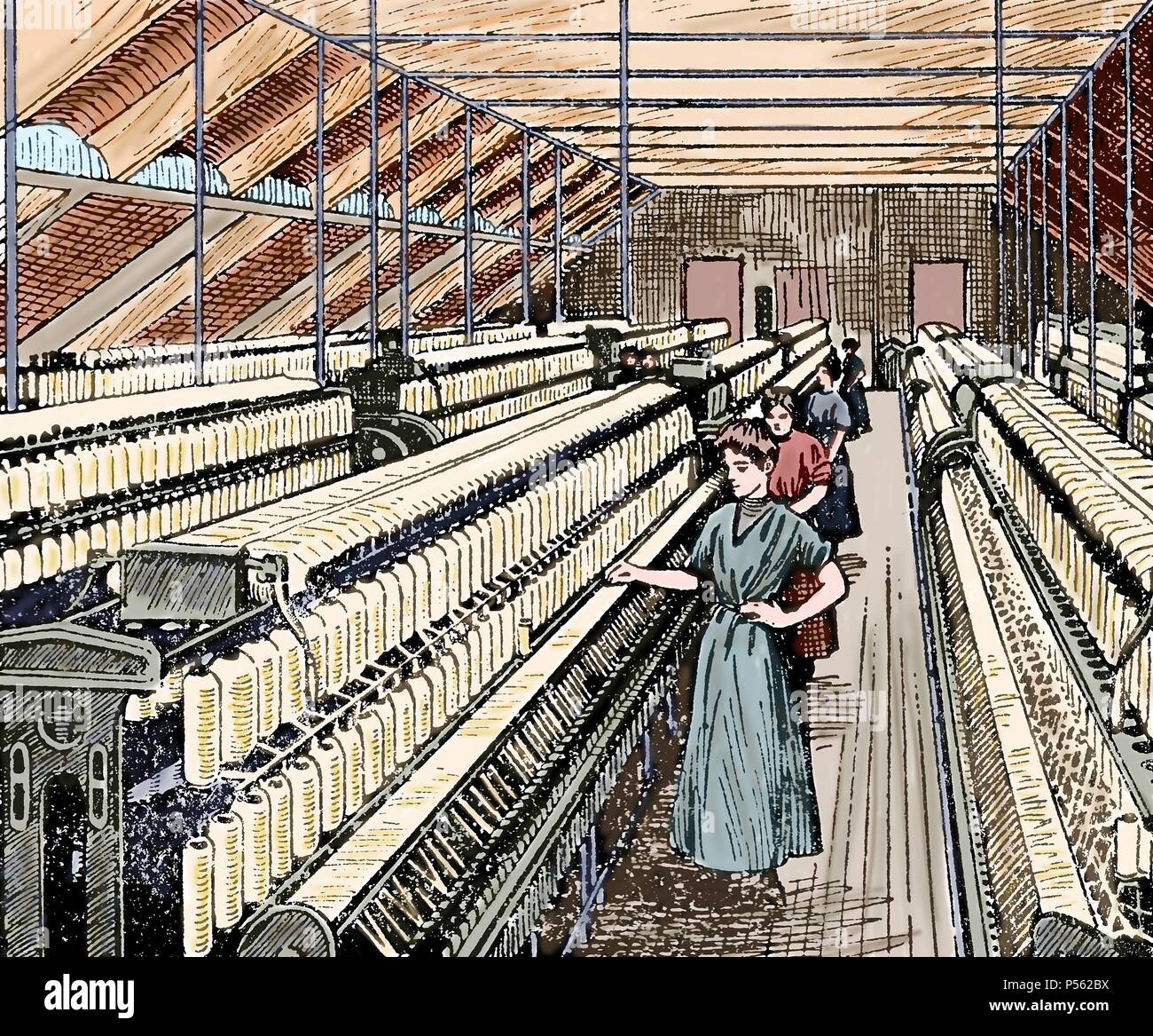 Textilindustrie. 19. Ringspinnen. Herstellung von Baumwollgarn. Frauen in der Roving arbeiten. Farbige Gravur. Stockfoto