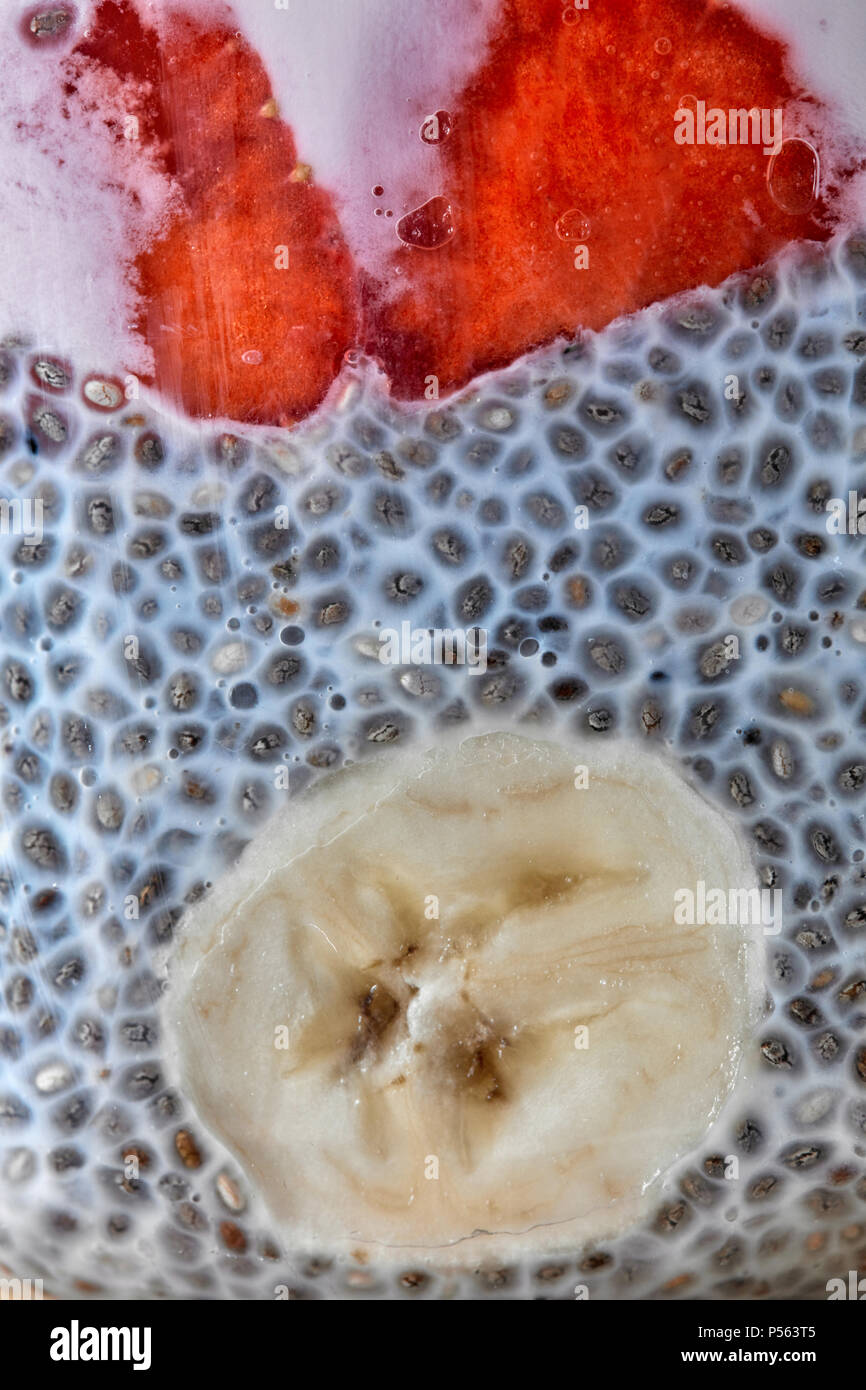 Chia Samen Parfait mit Erdbeeren, Bananen und Joghurt Makro Foto gemacht Stockfoto