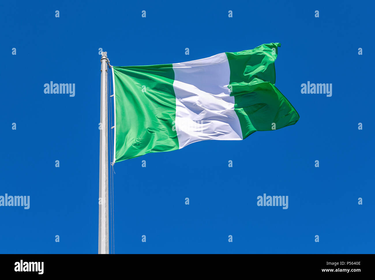 Flagge Nigeria winken im Wind gegen den blauen Himmel Stockfoto