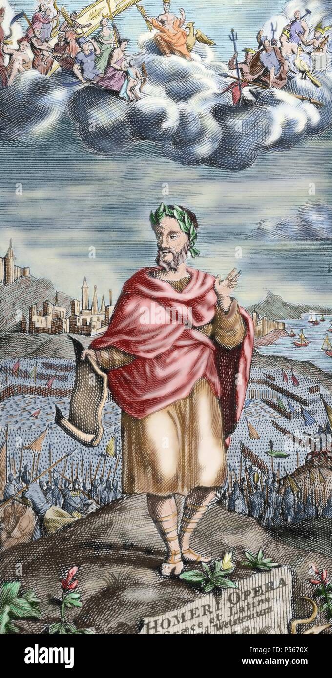 Homer (8. Jahrhundert v. Chr.). Griechische epischer Dichter. Porträt in der frontispiz und Abdeckung der Werke. Band zuerst. Die Ilias. Im Trojanischen Krieg. Amsterdam, 1743. Farbige Gravur. Bischöfliche Bibliothek. Barcelona. Katalonien. Stockfoto