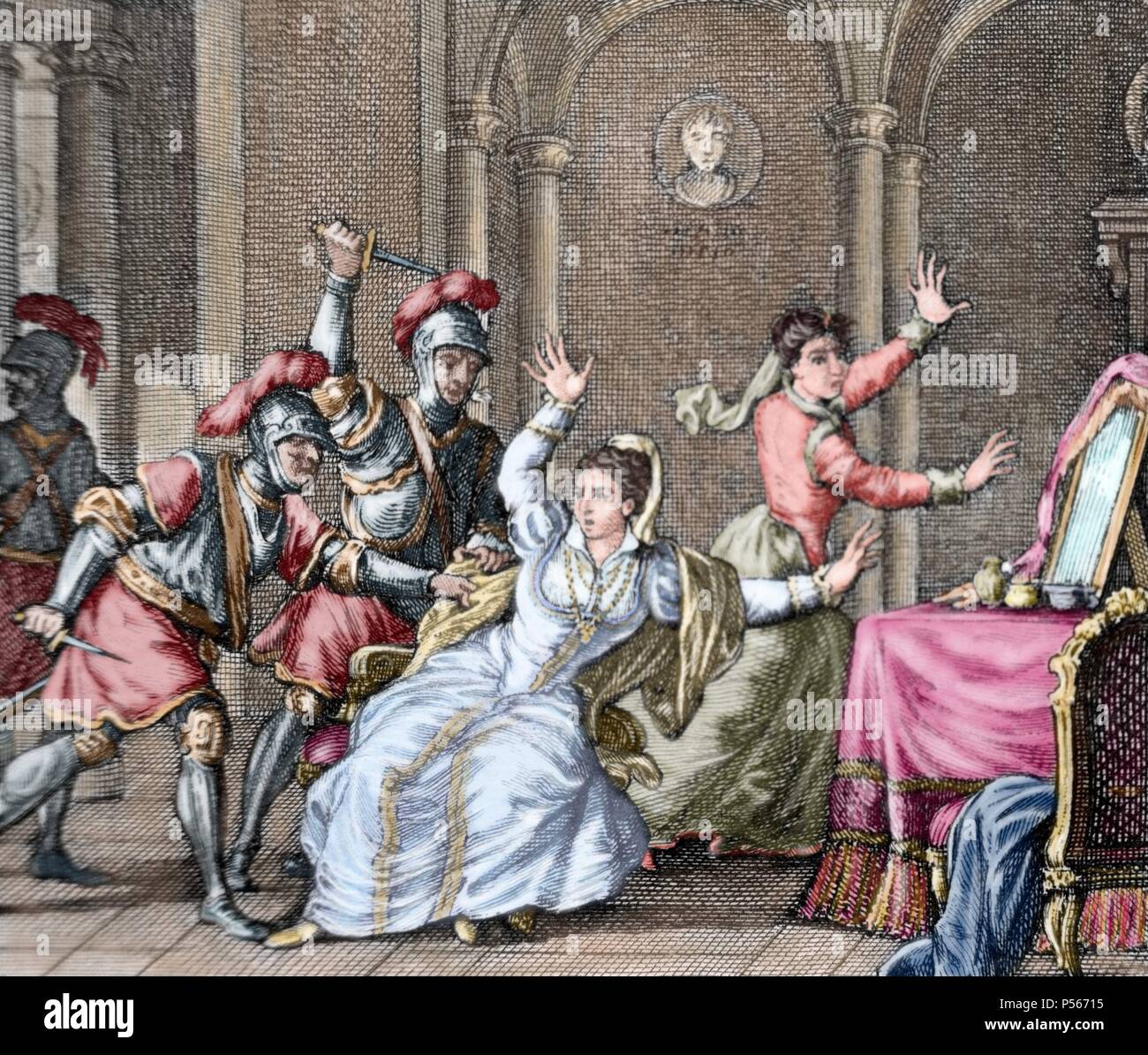Ines de Castro (1325-1355). Königin von Portugal. Mord an Ines de Castro im Kloster von Saint Claire die Älteren von Alonso Gonzalvez, Pedro Coelho und Diego Lopez Pacheco. Farbige Gravur. 18. Stockfoto
