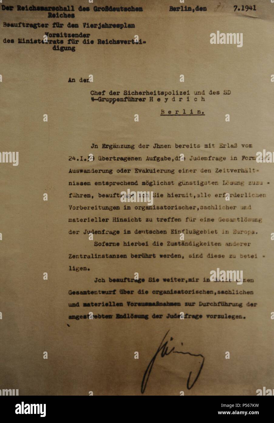 Ns-Dokument. Reihenfolge der Stellvertretende Oberste Hitlers Oberbefehlshaber der Luftwaffe, Hermann Go Ring auf Maßnahmen für die endgültige Lösung der jüdischen Frage benötigt. Berlin, 31. Juli 1941. Stockfoto