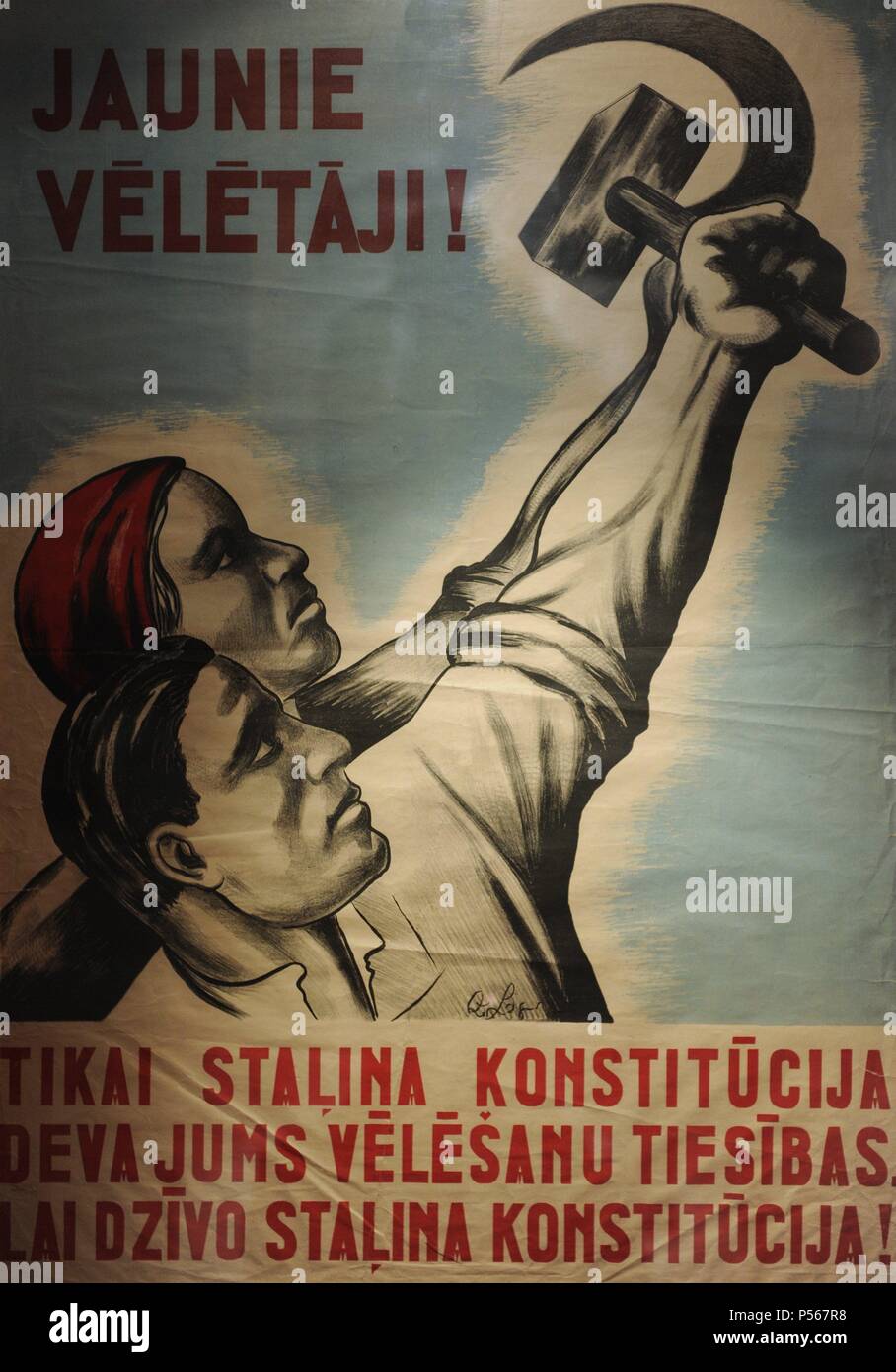 Propaganda Poster: "Neue Wähler!. Nur Stalins Verfassung hat givin Sie zu stimmen. Es lebe der stalinschen Verfassung!". Die zweite sowjetische Besatzung 1944-1991. Besetzung Museum Lettlands. Riga. Stockfoto