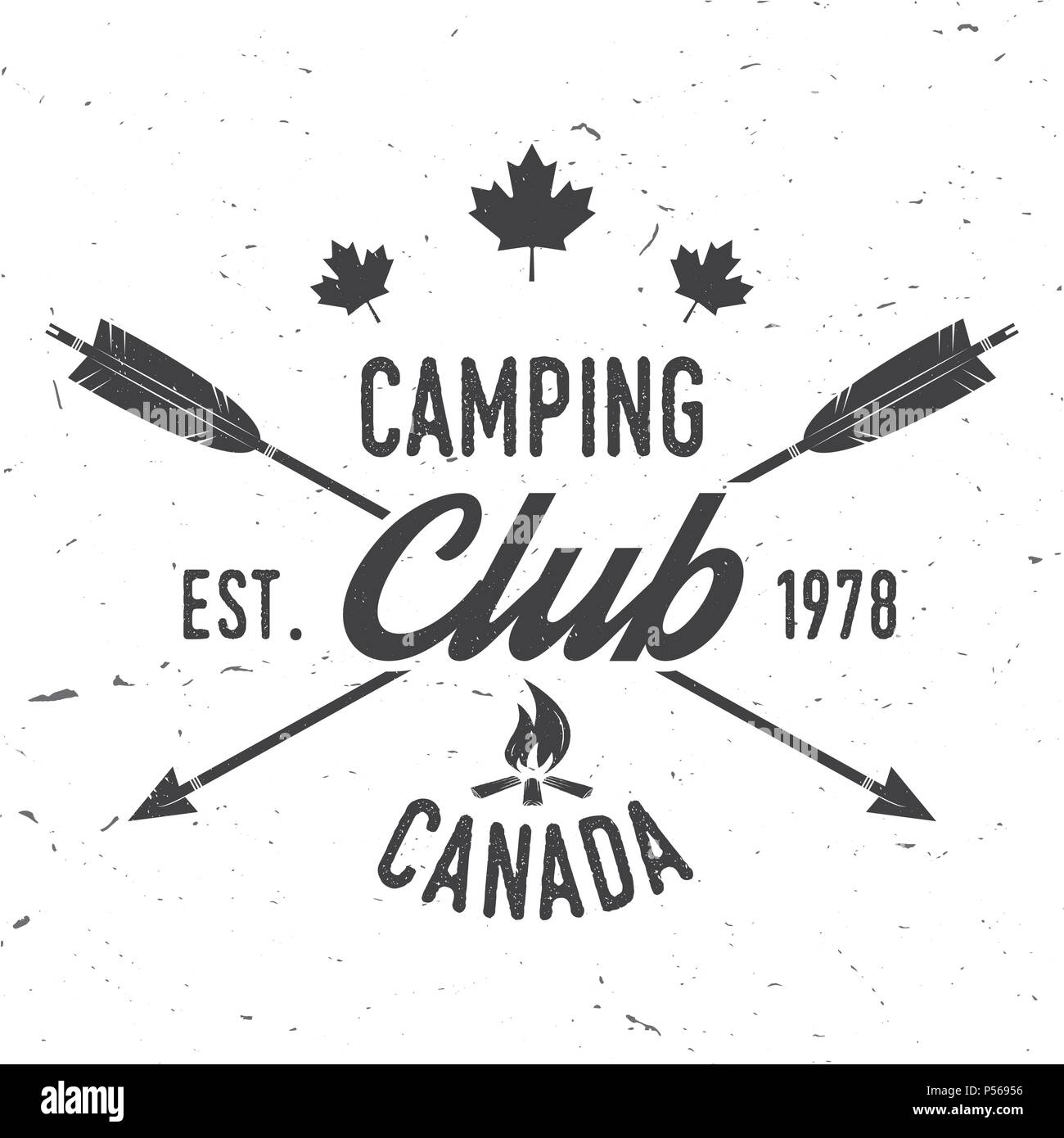 Camping Club. Kanada. Vector Illustration. Konzept für Hemd oder Logo, Print, Stempel oder T-Stück. Vintage Typografie Design mit Lagerfeuer und Pfeile silhouet Stock Vektor