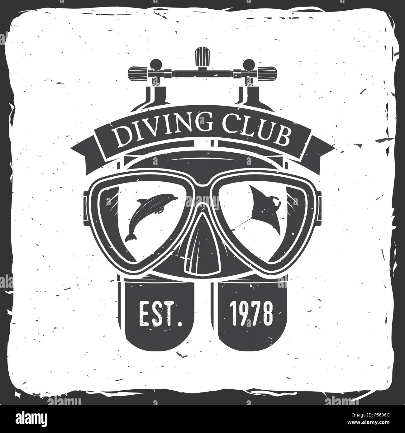 Diving Club. Vector Illustration. Konzept für Hemd oder Logo, Print, Stempel oder T-Stück. Vintage Typografie Design mit Taucherbrille und Tauchflasche Silhouette. Stock Vektor