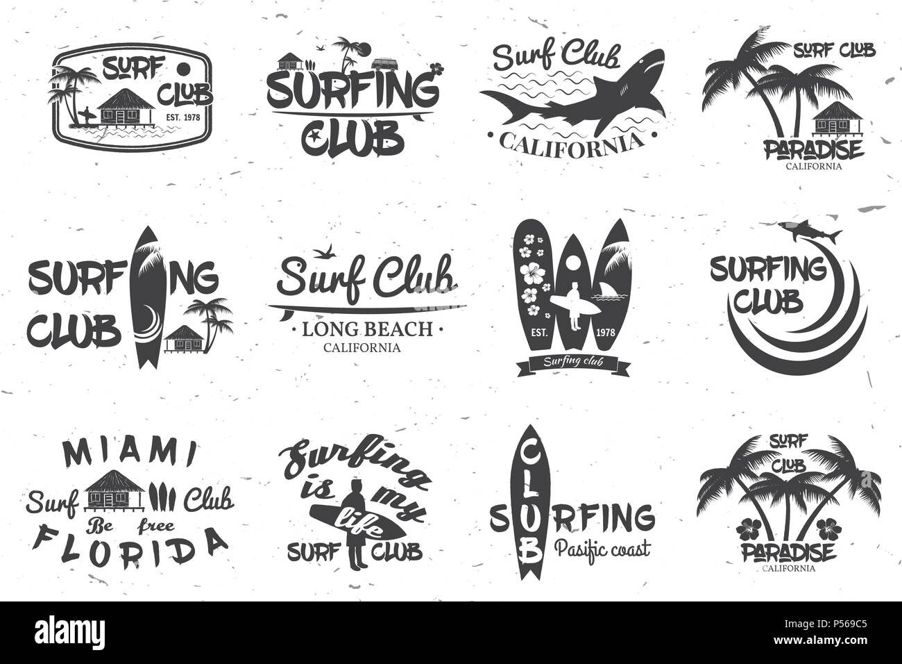 Satz von Retro Vintage Abzeichen und Etiketten. Für web design, mobile und Application Interface, auch nützlich für Infografiken. Surf Club und Surf Schule desi Stock Vektor