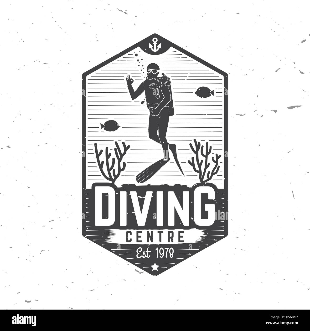 Diving Center. Vector Illustration. Konzept für Hemd oder Logo, Print, Stempel oder T-Stück. Vintage Typografie Design mit diver Silhouette. Stock Vektor