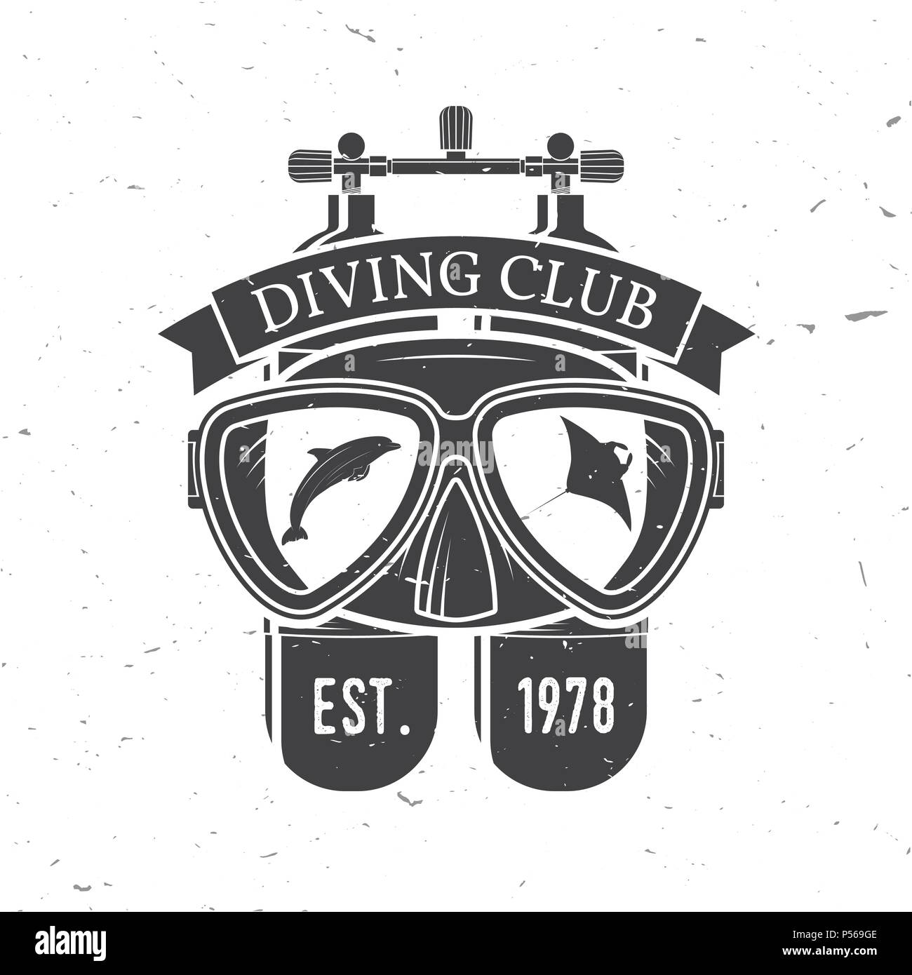 Diving Club. Vector Illustration. Konzept für Hemd oder Logo, Print, Stempel oder T-Stück. Vintage Typografie Design mit Taucherbrille und Tauchflasche Silhouette. Stock Vektor