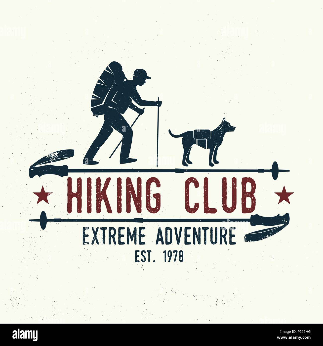 Wandern club extreme Abenteuer. Vector Illustration. Konzept für Hemd oder Logo, Print, Stempel. Design mit Wanderer, Hund und Wandern. Stock Vektor