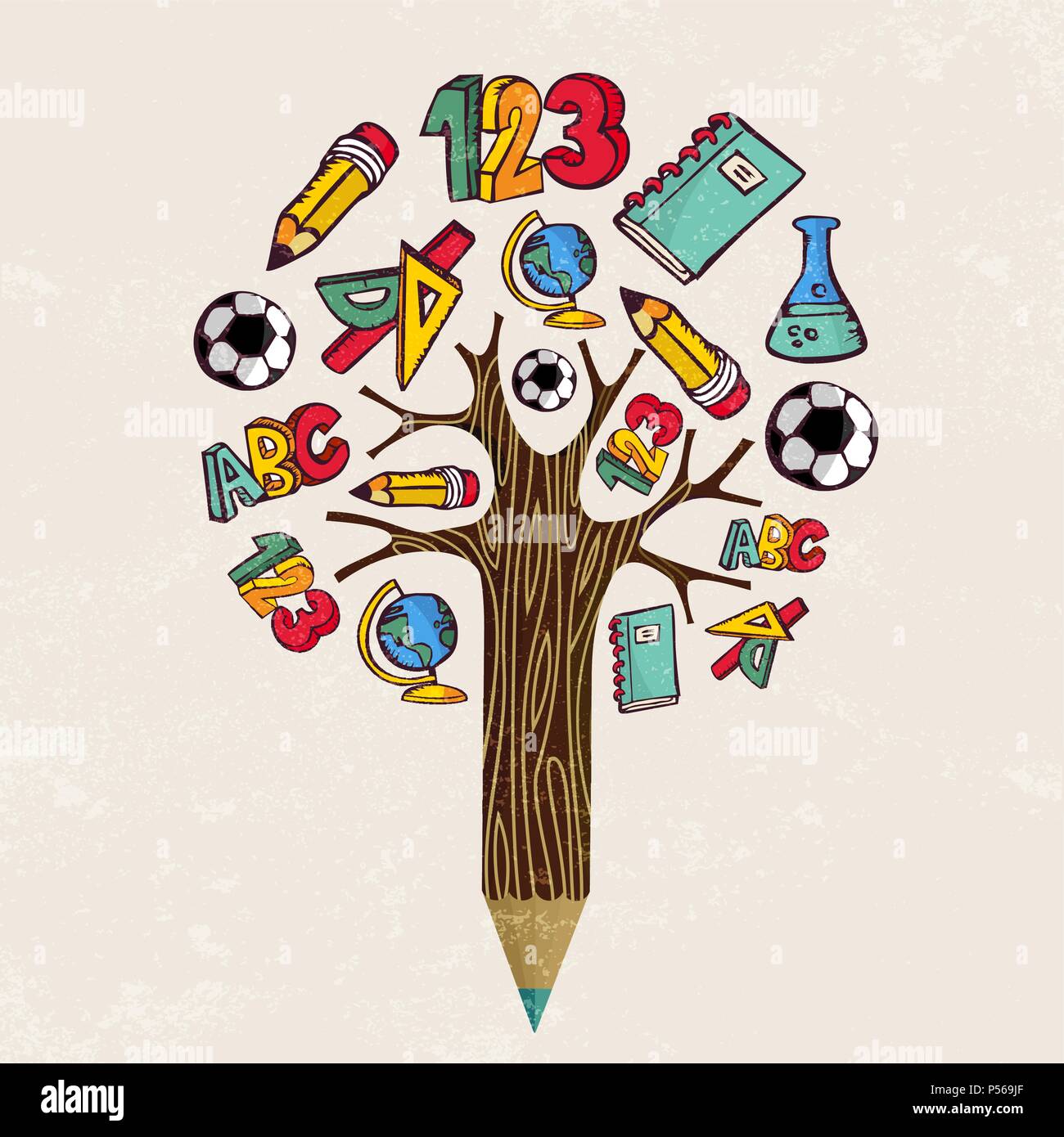 Bildung bleistift Baum Konzept. Klasse Thema Symbole für zurück Design oder pädagogische Kinder Abbildung zur Schule. EPS 10 Vektor. Stock Vektor