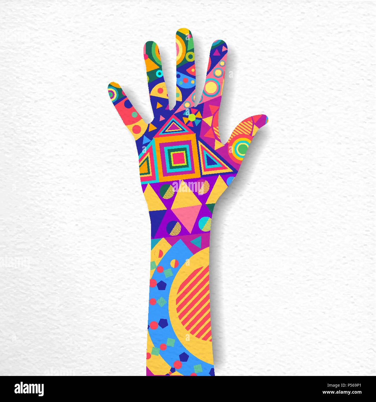 Menschliche Hand mit bunten Form Dekoration auf isolierte Hintergrund. Papier Ausschnitt Stil Konzept Abbildung. EPS 10 Vektor. Stock Vektor