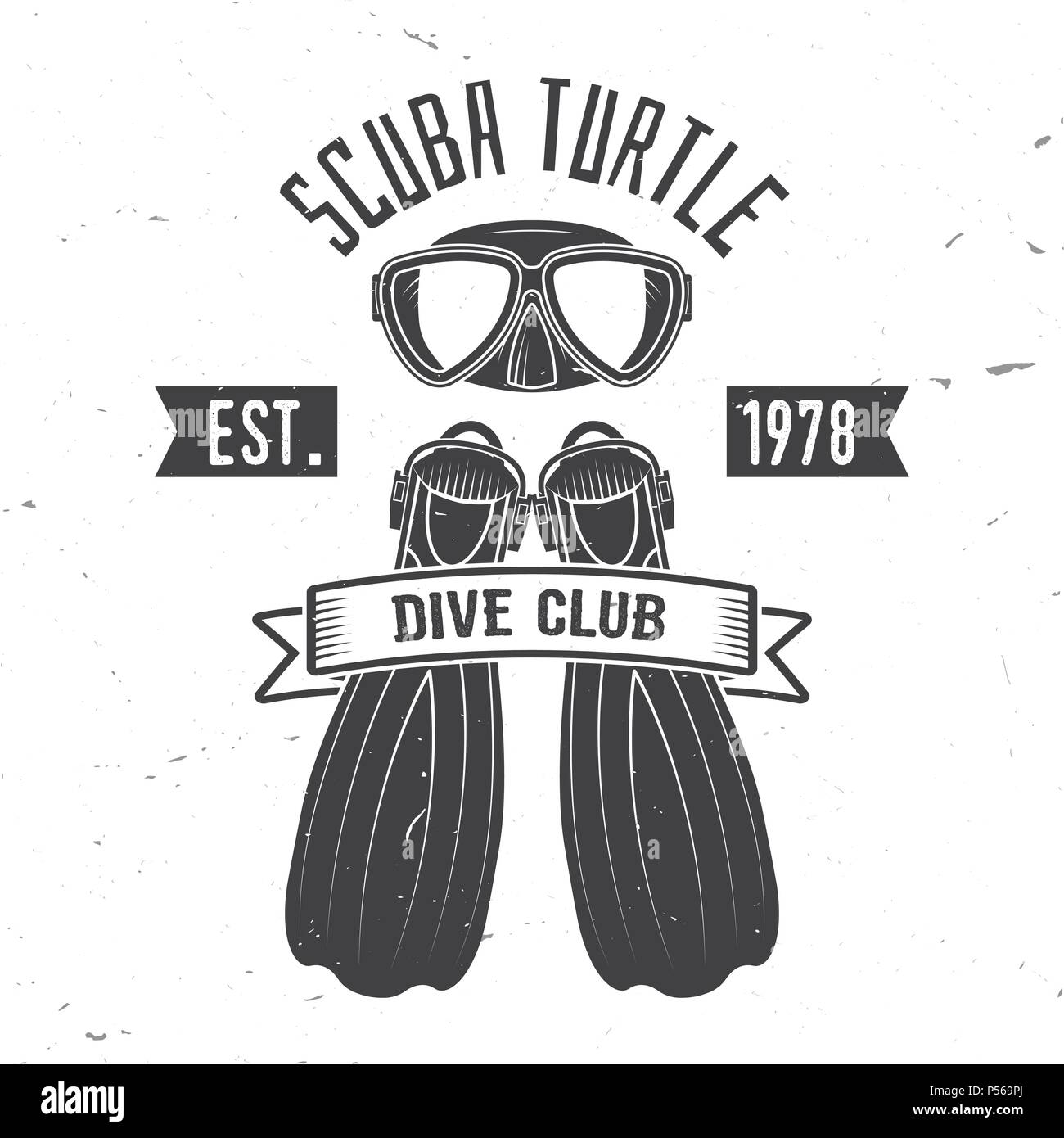 Turtle Scuba Dive Club. Vector Illustration. Konzept für Hemd oder Logo, Print, Stempel oder T-Stück. Vintage Typografie Design mit Taucherbrille und Flossen silho Stock Vektor
