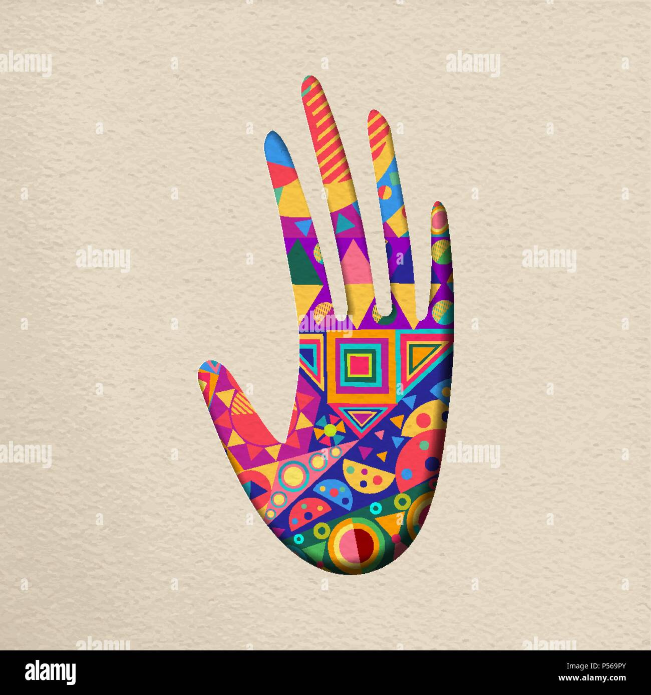 Menschliche Hand mit bunten Form Dekoration auf isolierte Hintergrund. Papier Ausschnitt Stil Konzept Abbildung. EPS 10 Vektor. Stock Vektor