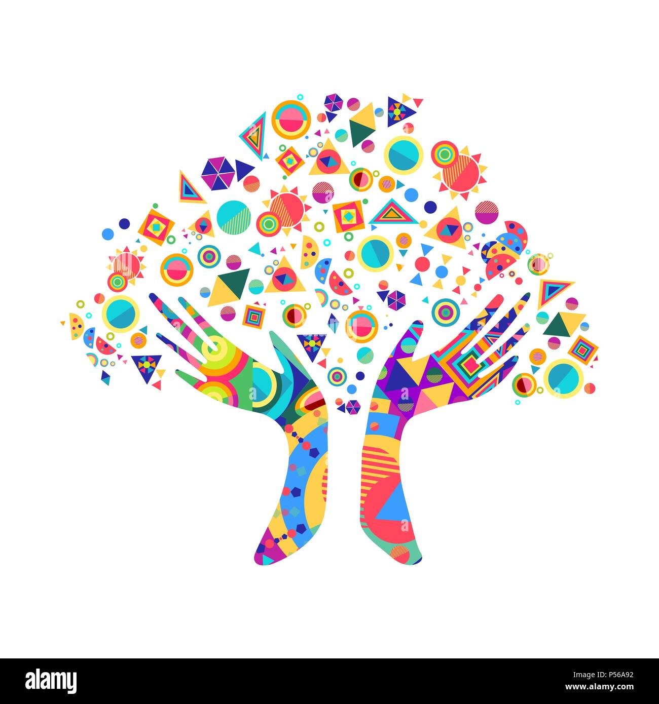 Baum mit bunten menschliche Hände zusammen. Community Team Konzeption Illustration für die Kultur der Vielfalt, Natur- oder Teamarbeit Projekt. EPS 10 Vektor. Stock Vektor