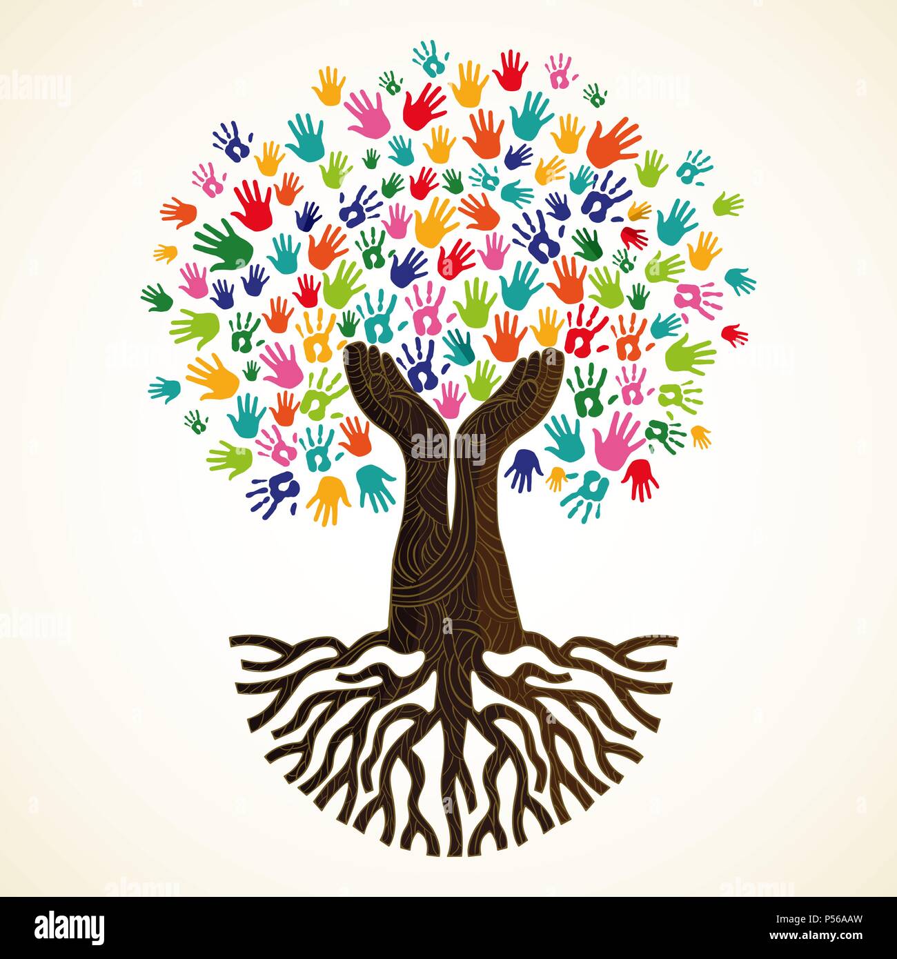 Baum Symbol mit bunten menschlichen Händen. Konzept Abbildung für die Organisation zu helfen, umwelt Projekt oder soziale Arbeit. EPS 10 Vektor. Stock Vektor