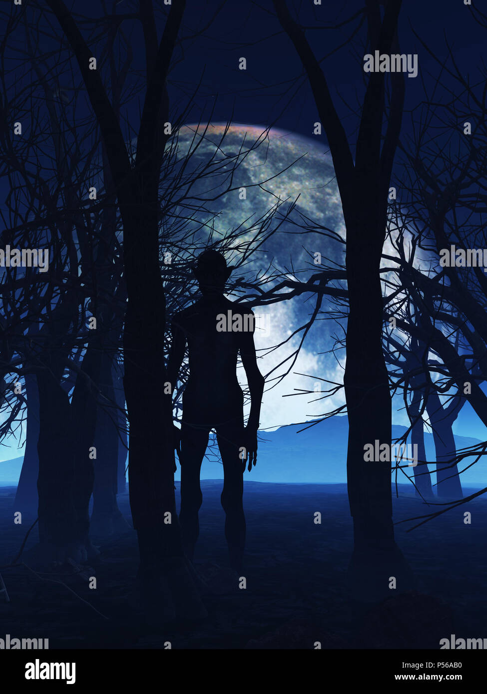 3D-Rendering von einer Kreatur Silhouette in den Wäldern Stockfoto