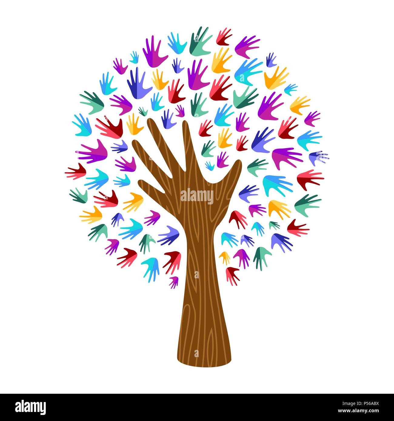 Baum mit bunten menschliche Hände zusammen. Community Team Konzeption Illustration für die Kultur der Vielfalt, Natur- oder Teamarbeit Projekt. EPS 10 Vektor. Stock Vektor