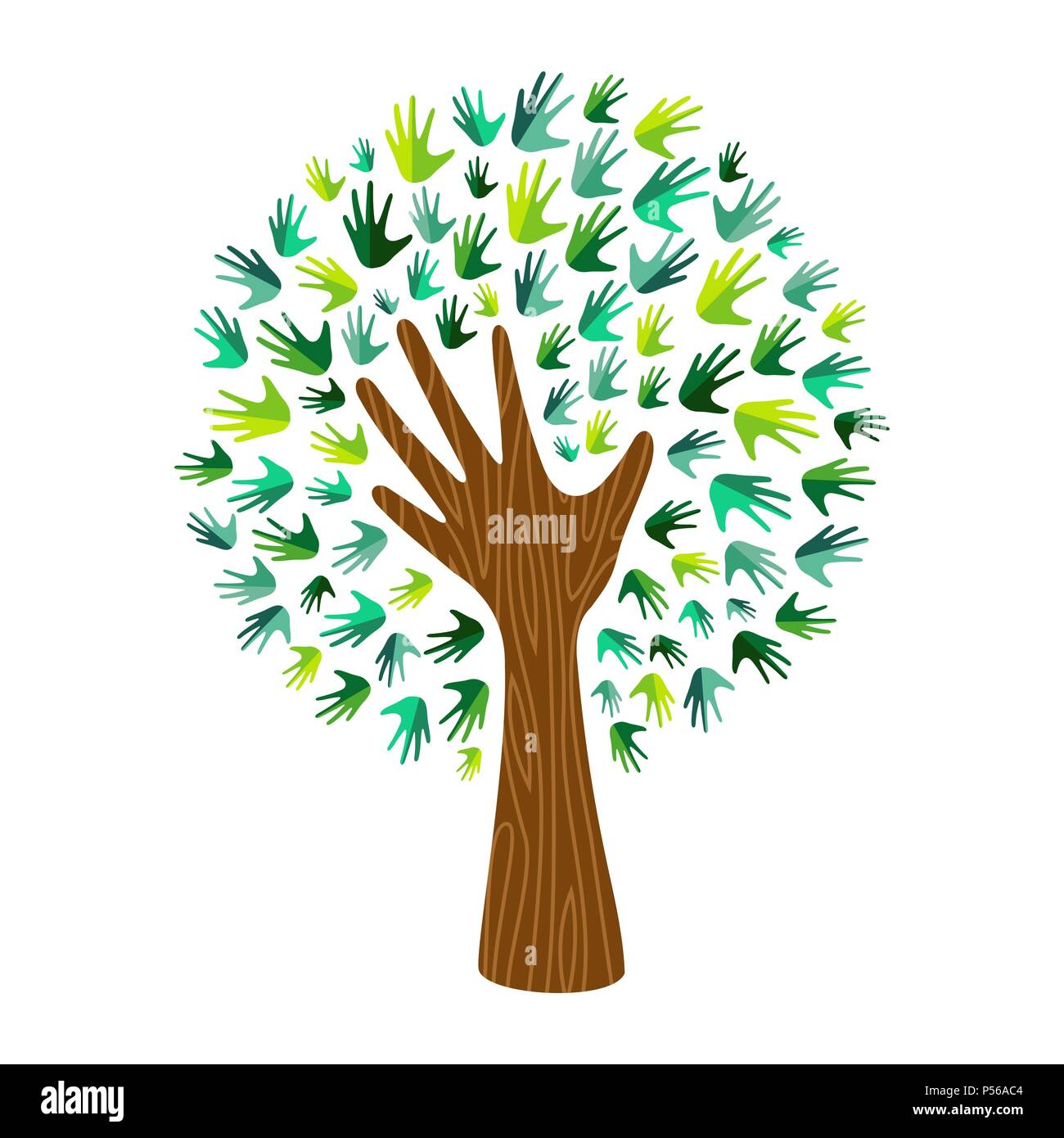 Hand-Baum-Art mit Holzstruktur und grünen Blättern. Konzept-Illustration für Umwelt-Pflege oder Natur-Help-Projekt. EPS10 Vektor. Stock Vektor
