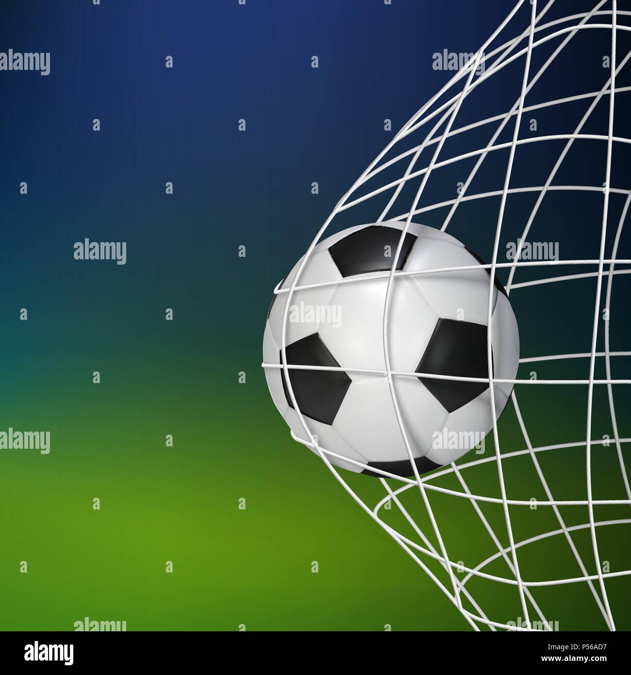 Fussball Spiel Ziel. Fußball-Ball im Netz. Vector Illustration auf unscharfen Hintergrund isoliert Stock Vektor