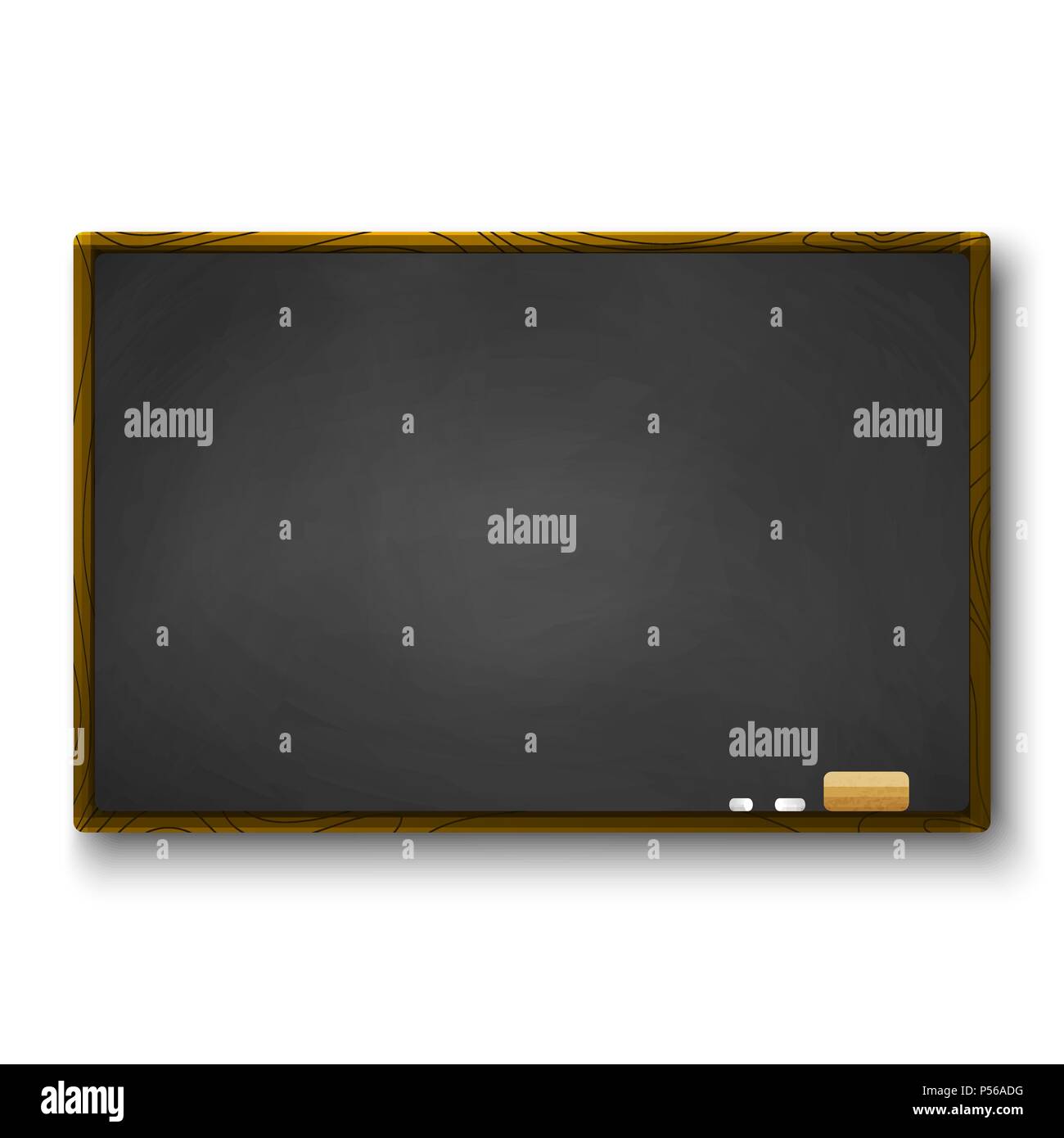 Leere Tafel mit Holzrahmen und Stück Kreide und Radiergummi. Vorlage des Schwarzen Brettes für Banner. Vector Illustration Stock Vektor