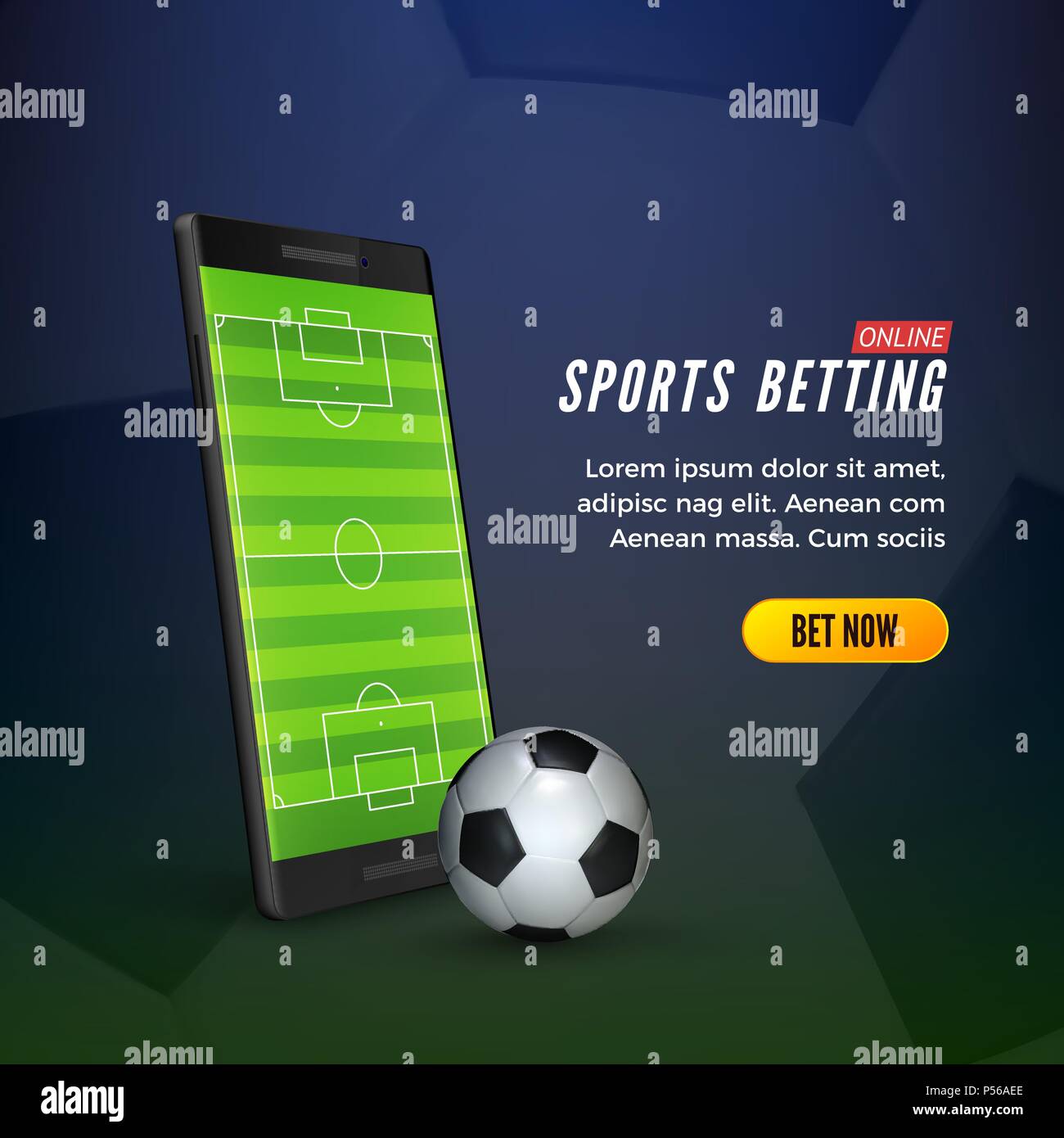 Sportwetten online Web Banner Konzept. Mobiltelefon mit socer Feld auf dem Bildschirm und Ball. Vector Illustration Stock Vektor