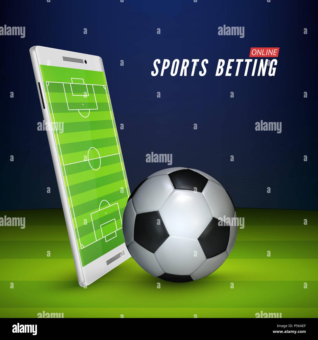 Fußball-Feld auf dem Bildschirm des smart phone und Ball auf Fußball-Stadion. Fußball-online Konzept. Sportwetten online banner. Vector Illustration Stock Vektor
