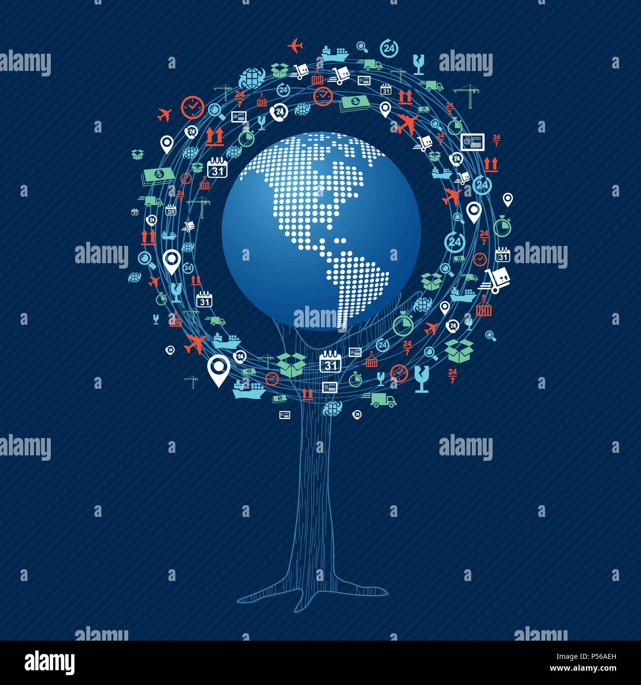 Baum mit Technologie world Konzept. Die globale Kommunikation Idee, internet Symbole und Symbol Dekoration. EPS 10 Vektor. Stock Vektor