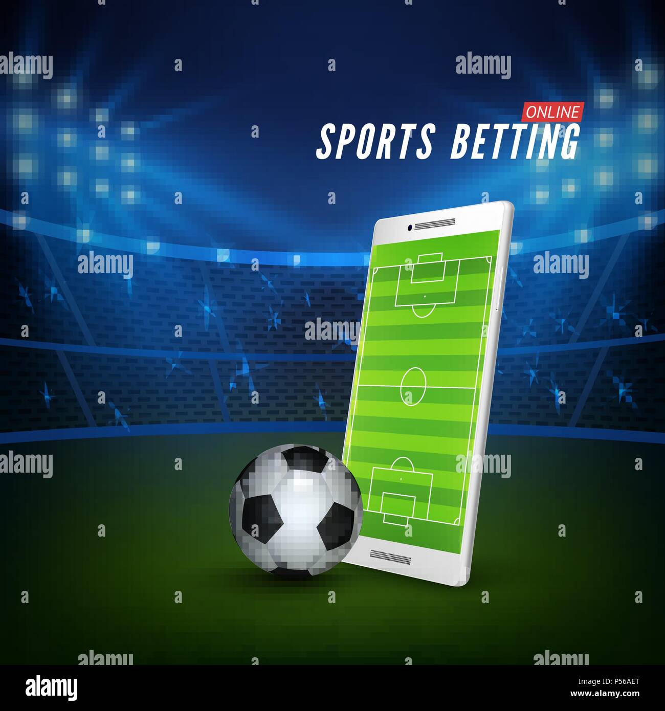 Sportwetten online Web Banner Vorlage. Smartphone mit Fußballfeld auf dem Bildschirm und Fußball und das Fußballstadion für den Hintergrund. Vektor illustr Stock Vektor