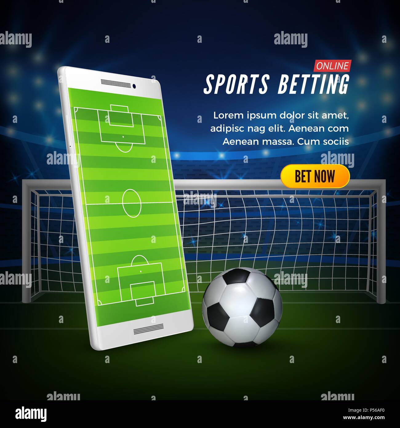 Sportwetten online Web Banner Konzept. Fußball-Stadion Hintergrund und Smartphone mit Fußballfeld auf dem Bildschirm und Ball. Vector Illustration Stock Vektor