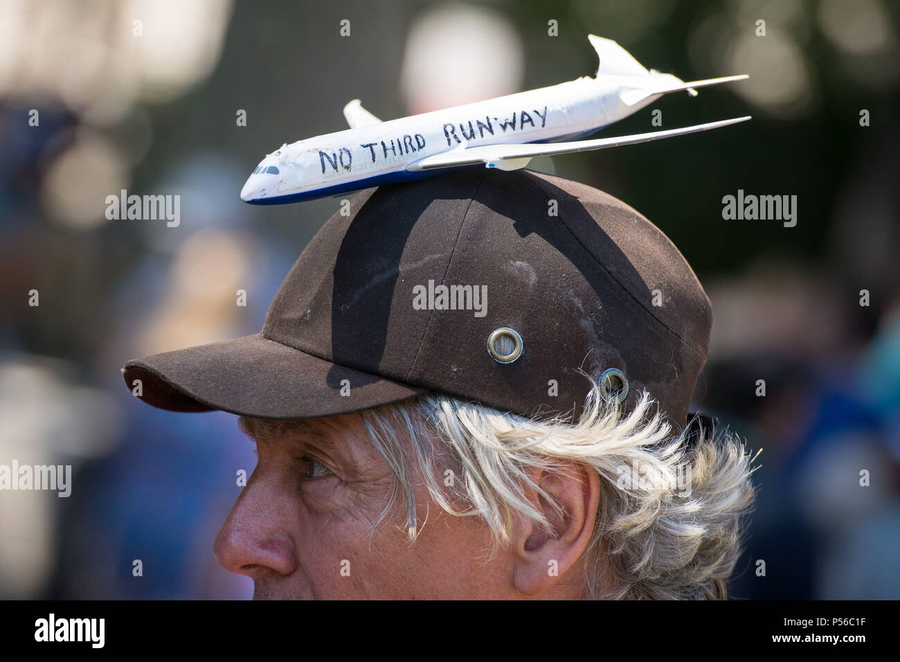 Ein Demonstrator trägt ein Modellflugzeug auf seinem Hut als Mitglieder von Greenpeace Protest in Parliament Square, London, gegen die Pläne einer dritten Start- und Landebahn am Flughafen Heathrow zu bauen. Stockfoto