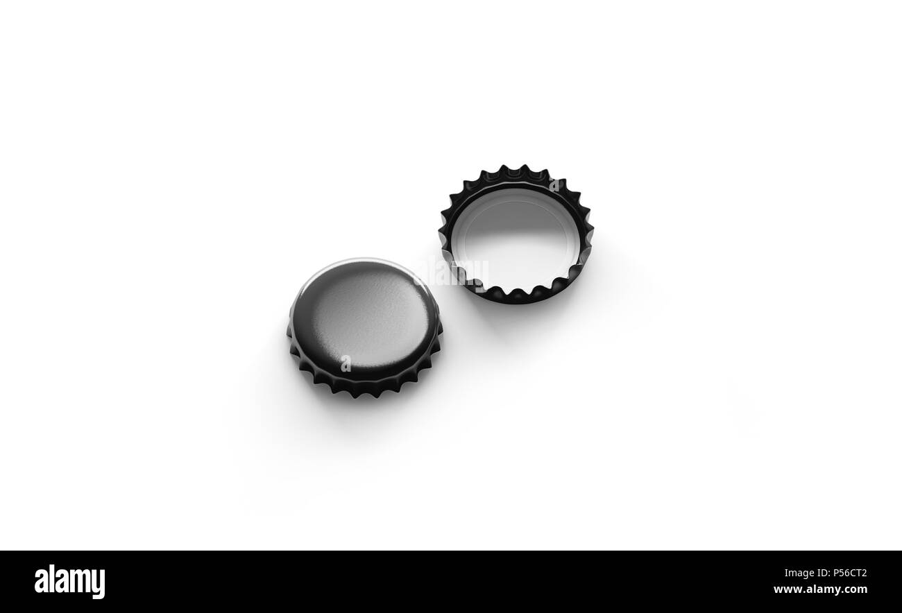 Leeren schwarzen Bier Deckel Mockup, Seitenansicht, Vorder- und Rückseite, 3D-Rendering. Leer metall Soda cap Mock up Design vorlage. Klar Flaschenabdeckung isoliert. Stockfoto