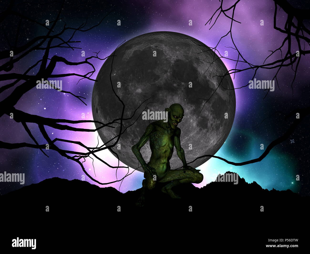 3D-Render von einem Halloween Hintergrund mit dem bösen Kreatur gegen moonlit Sky Stockfoto