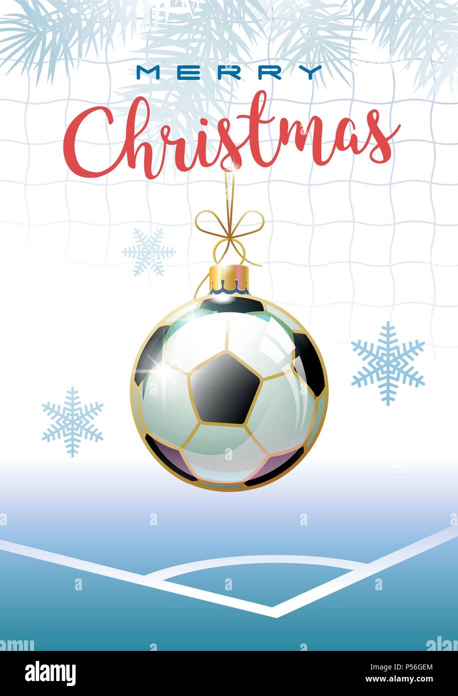 Frohe Weihnachten. Sport Grußkarte. Realistische Fußball in der Form 