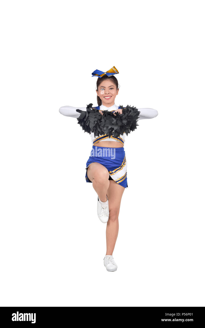 Bilder der asiatischen Cheerleader mit Bommeln auf weißem Hintergrund Stockfoto