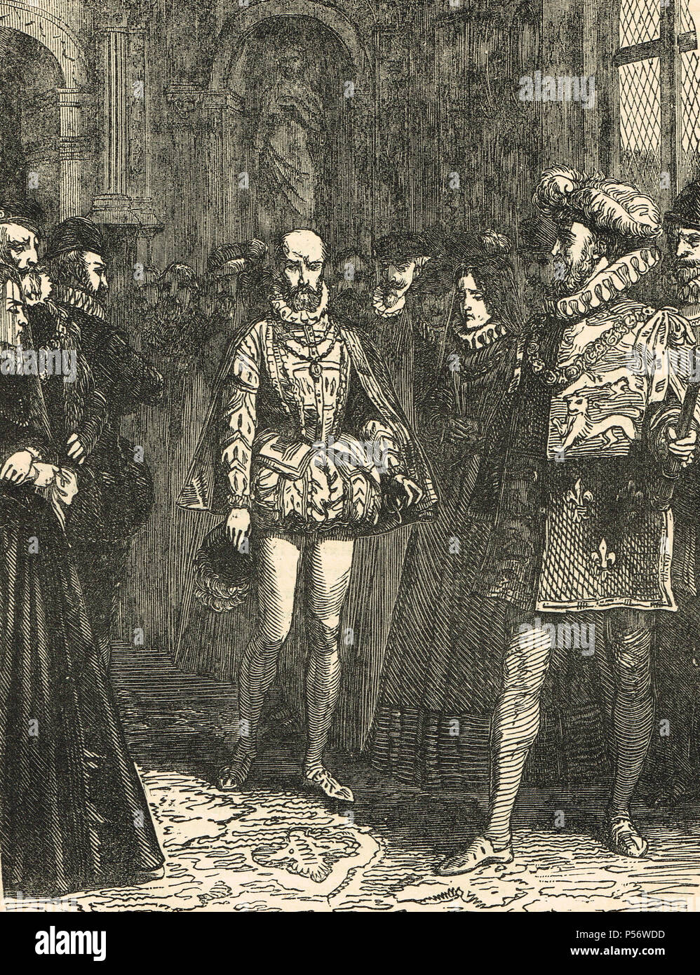 Der französische Botschafter, Michel de Castelnau, Sieur de la Mauvissiere, im Hof von Königin Elisabeth I. von England, gesendet von König Charles X, folgenden Tag Massaker des St. Bartholomäus, 1572, zu zerstreuen, die Aufregung erstellt Stockfoto