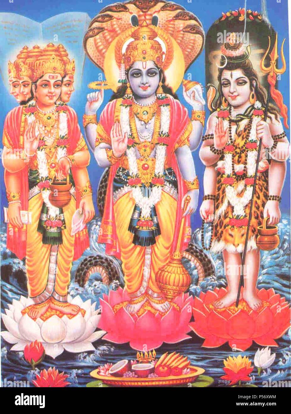 Brahma, Vishnu Maheshwar trimurti indischen Götter stehen in bunten Illustrationen. Stockfoto