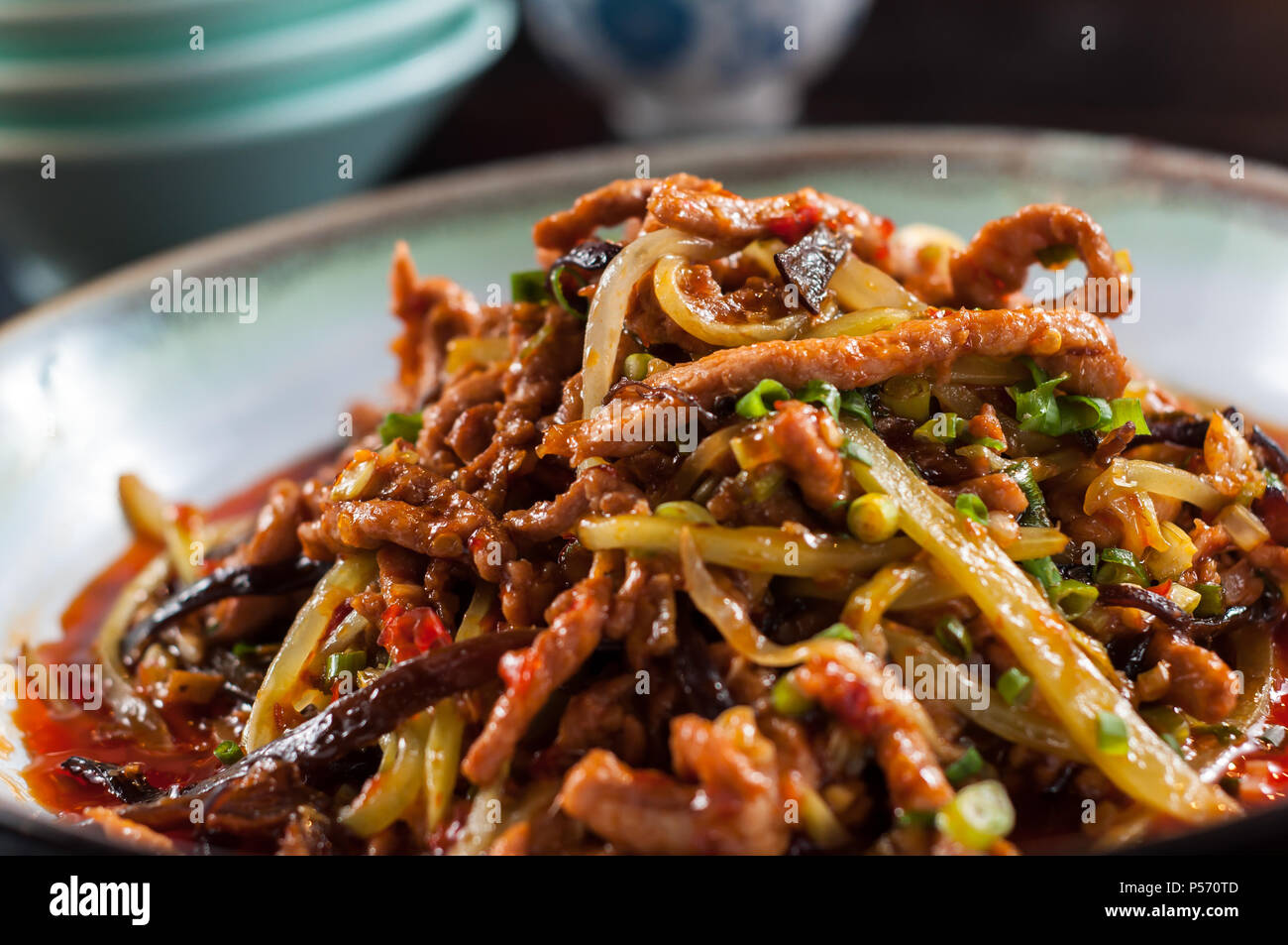 Yu-Shiang zerkleinertem Schweinefleisch, gebratenen Schwein Streifen in Fischsauce, Sichuan Küche Stockfoto