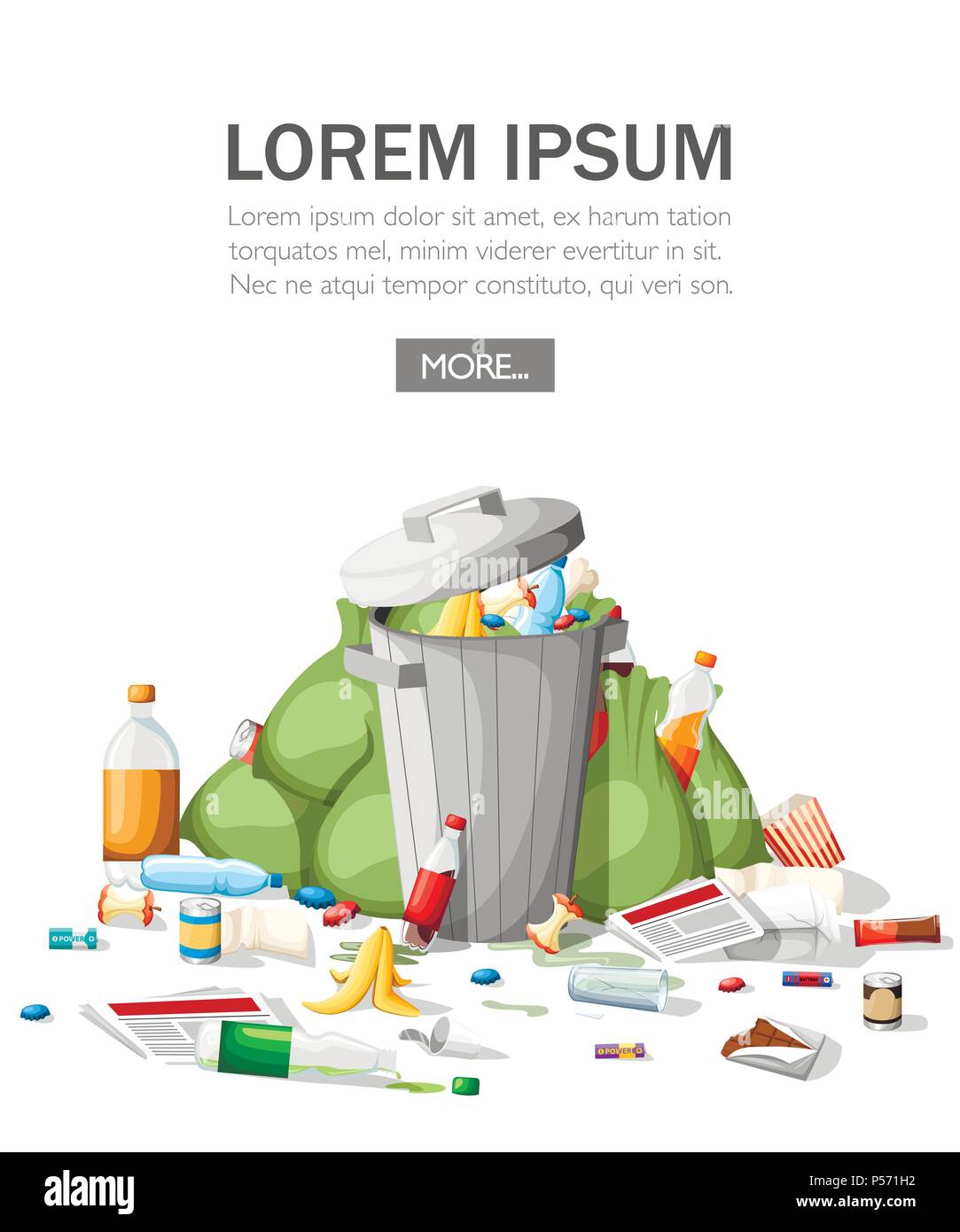 Garbage Littering. Haufen Müll im flachen Stil. Stahl Mülleimer voller Müll. Grüne Taschen, Lebensmittel-, Papier-, Kunststoff. Vector Illustration isoliert auf w Stock Vektor