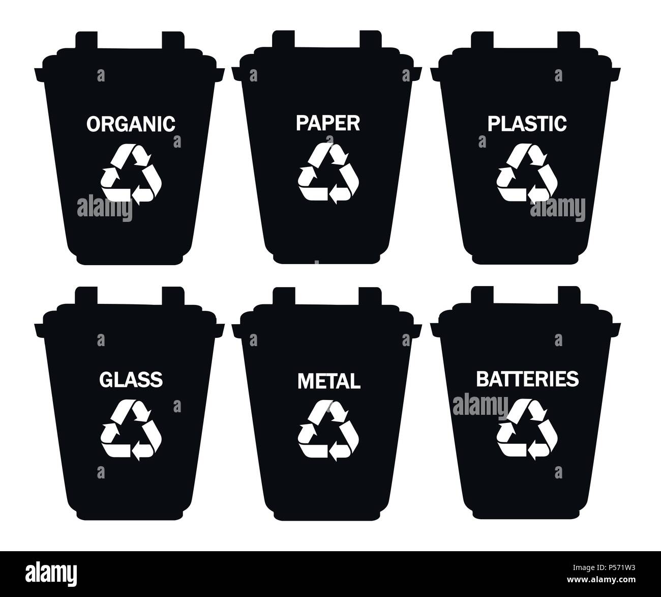 Sammlung von Mülltonnen mit sortierten Abfall. Sechs Container für Glas, Metall, Batterien, Plastik, Papier, organische. Ökologie und Recycling Konzept. Flach Stock Vektor