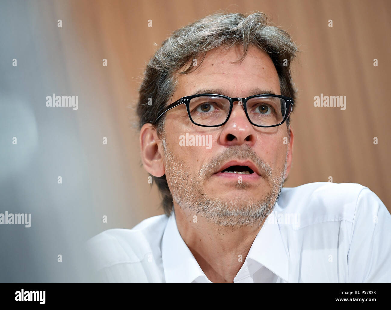 Berlin, Deutschland. 19 Juni, 2018. Stefan Krug, Leiter der politischen Vertretung von Greenpeace Deutschland Berlin (Greenpeace ist Mitglied der Kohle Kommission), liefert eine Aussage während der Pressekonferenz über die "Kohle" (Lit. stop Kohle) Demonstration am 24. Juni 2018, die ebenfalls voraussichtlich in Berlin stattfinden. Quelle: Britta Pedersen/dpa-Zentralbild/dpa/Alamy leben Nachrichten Stockfoto