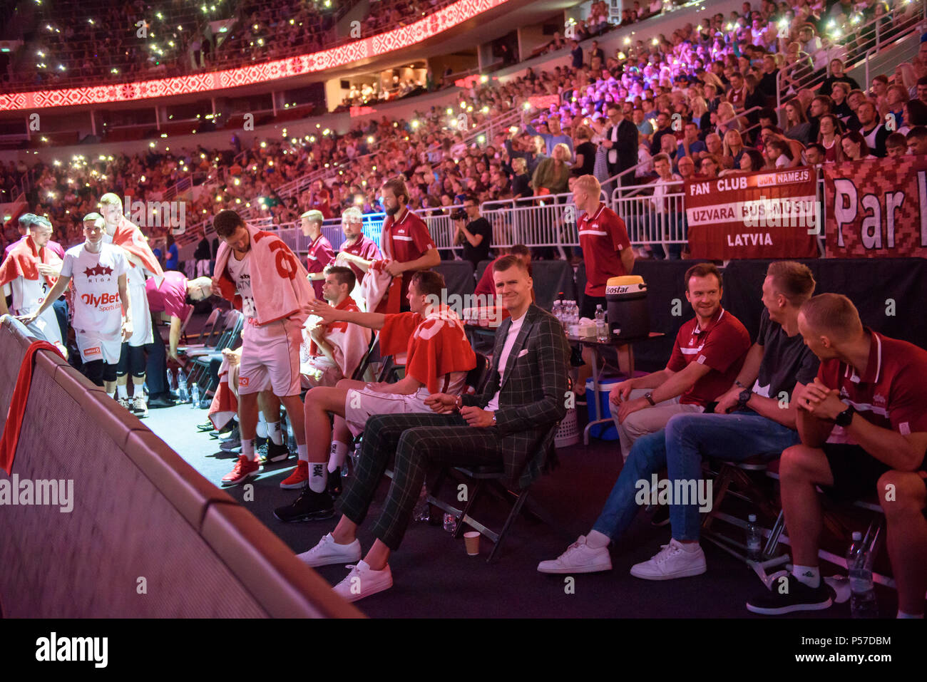 Riga, Lettland. 25. Juni 2018. Kristaps Porzingis, während freundliches Spiel zwischen Basketball National Männer Team von Lettland und nationalen Männer Basketball Team aus Russland. Credit: gints Ivuskans/Alamy leben Nachrichten Stockfoto