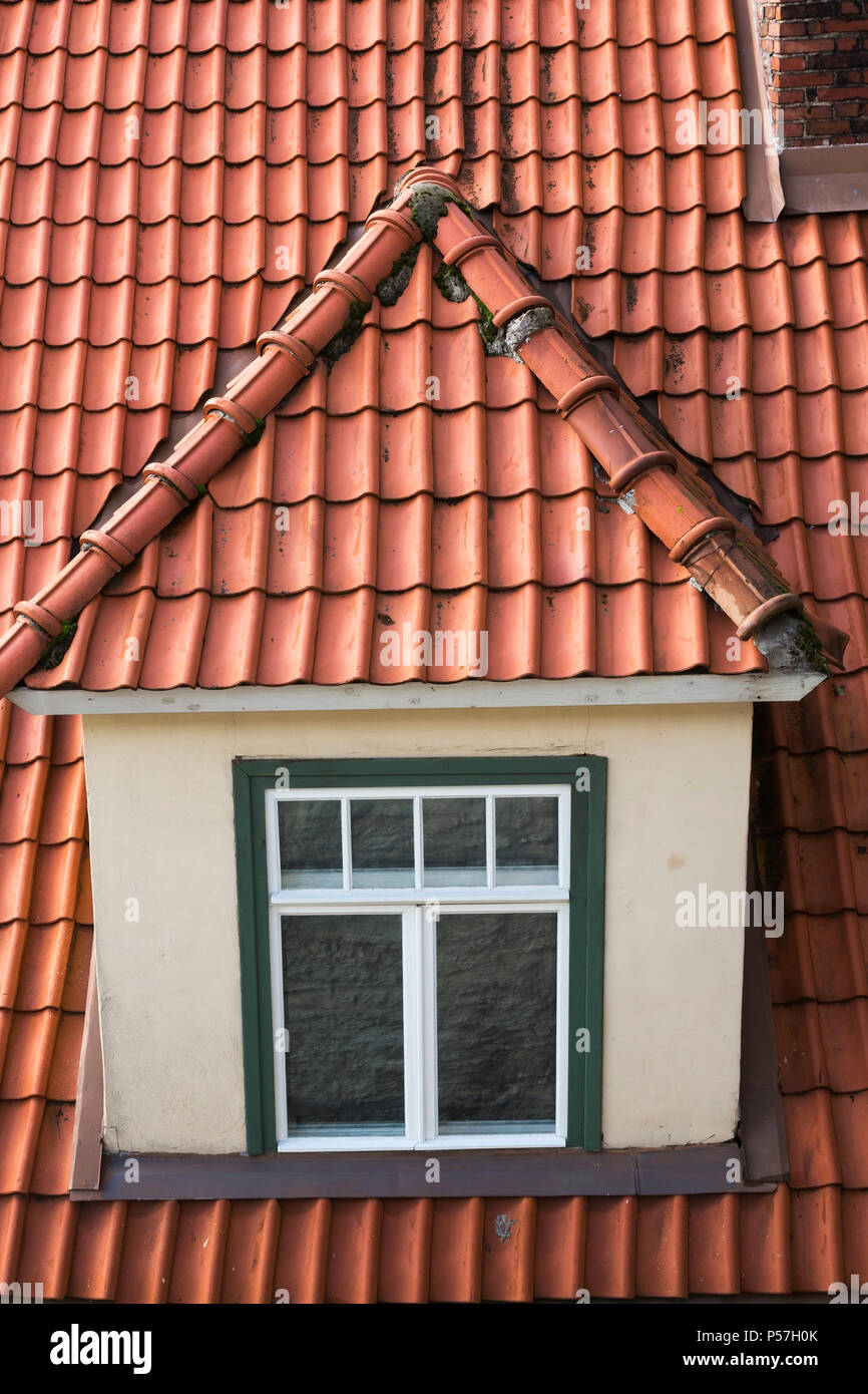 Blick von oben auf die Dachfenster auf alten Terracotta Dach von Wohn- Gebäude, Tallinn, Estland Stockfoto