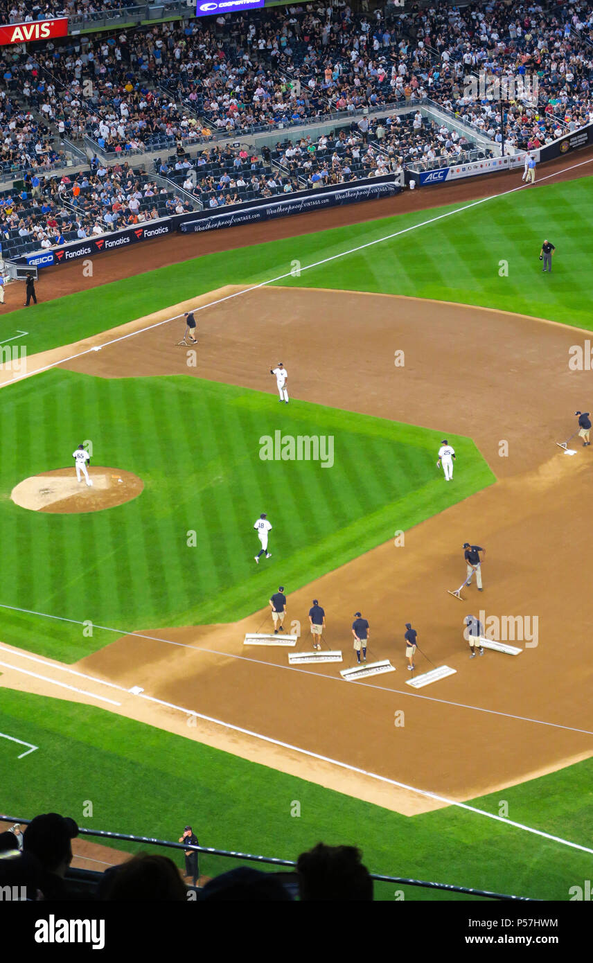 Die bodenmannschaft Bräutigam das infield Schmutz zwischen den Innings während einer Nacht Spiel im Yankee Stadium, Bronx, New York City, USA Stockfoto